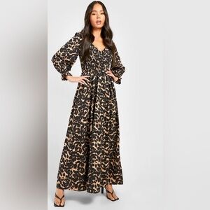 Boohoo Black and Tan Animal Print Long Sleeve Dress